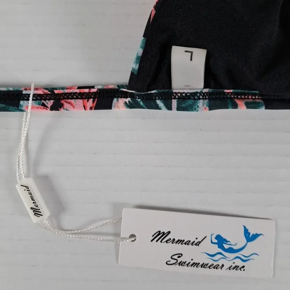 NWT Mermaid Bikini Swim Top Womens L Black Tropical Removable Pads Ruffle Straps